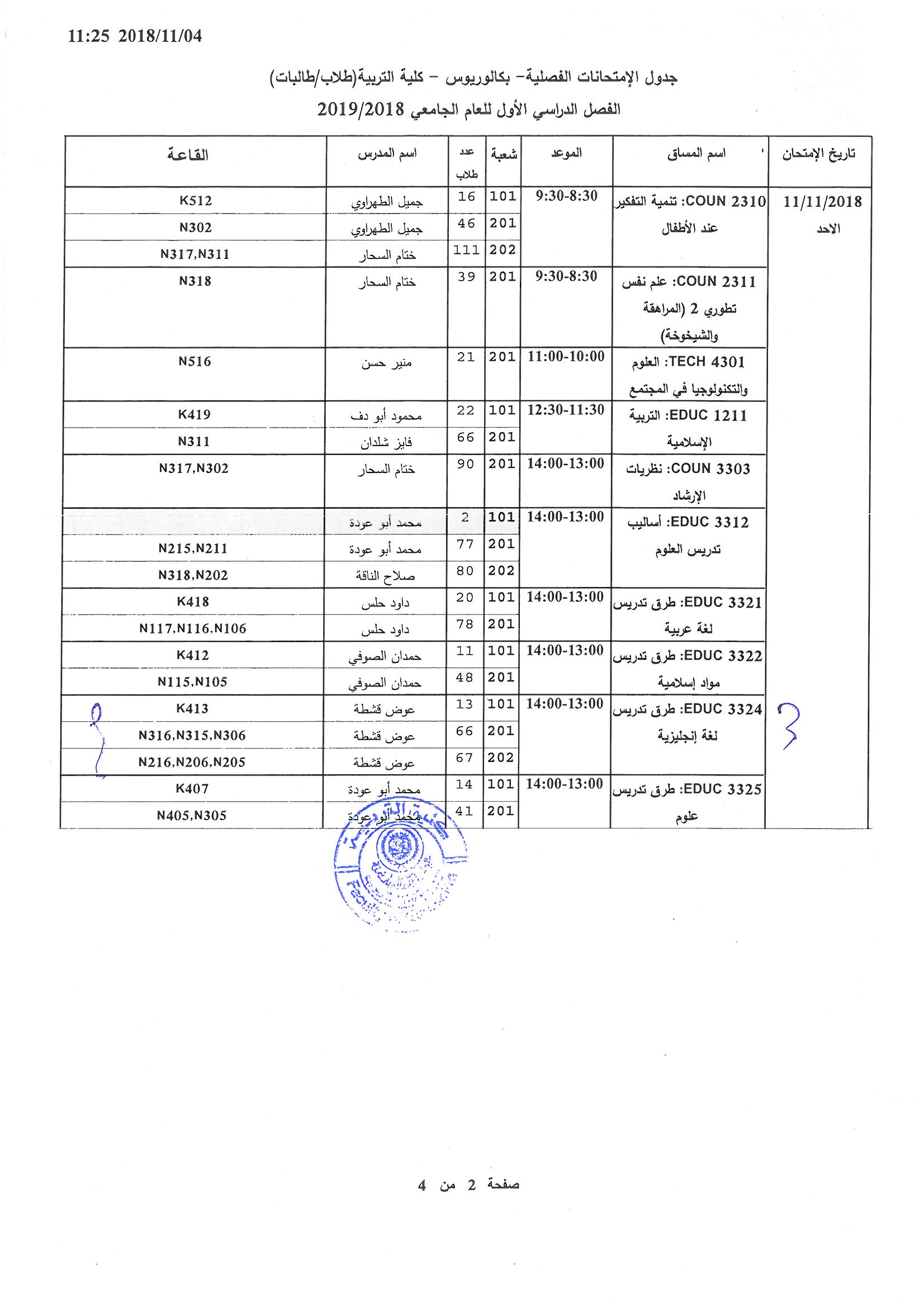 جدول الامتحانات النصفية الفصل الدراسي الاول 2018/2019