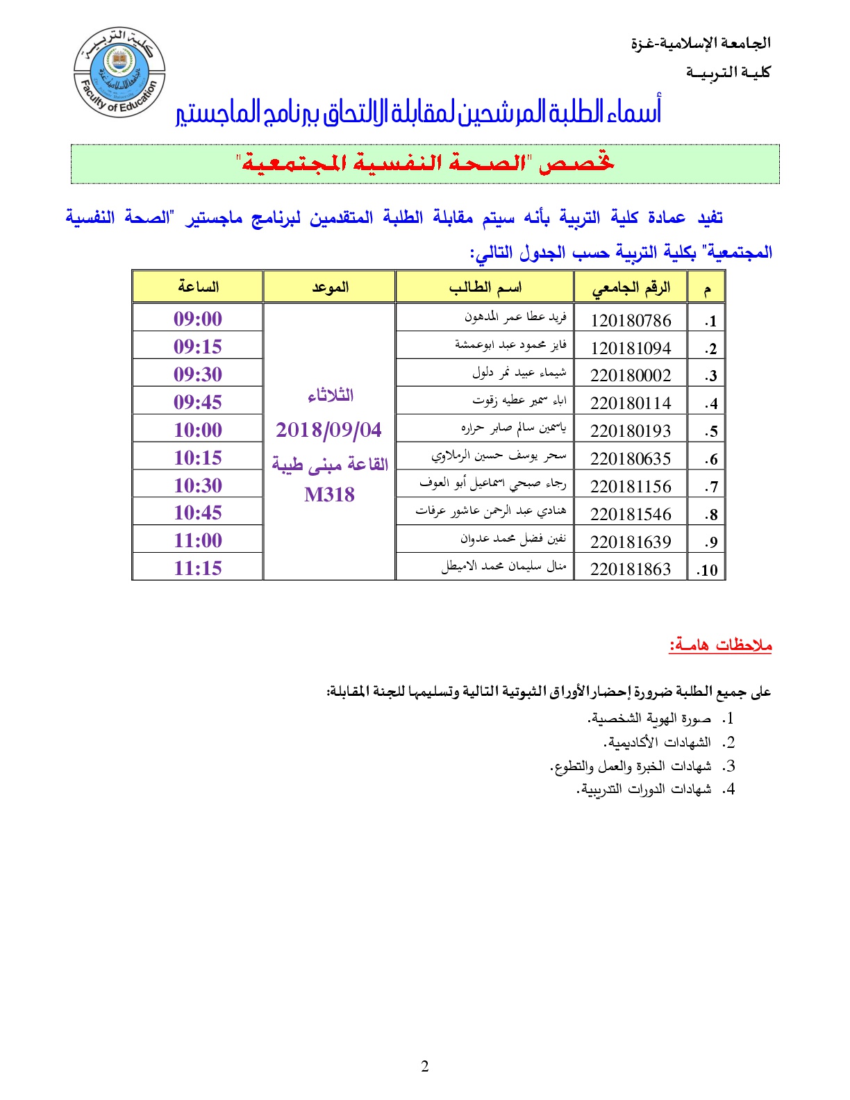 أسماء الطلبة المرشحين لمقابلة الالتحاق ببرنامج الماجستير الصحة النفسية المجتمعية