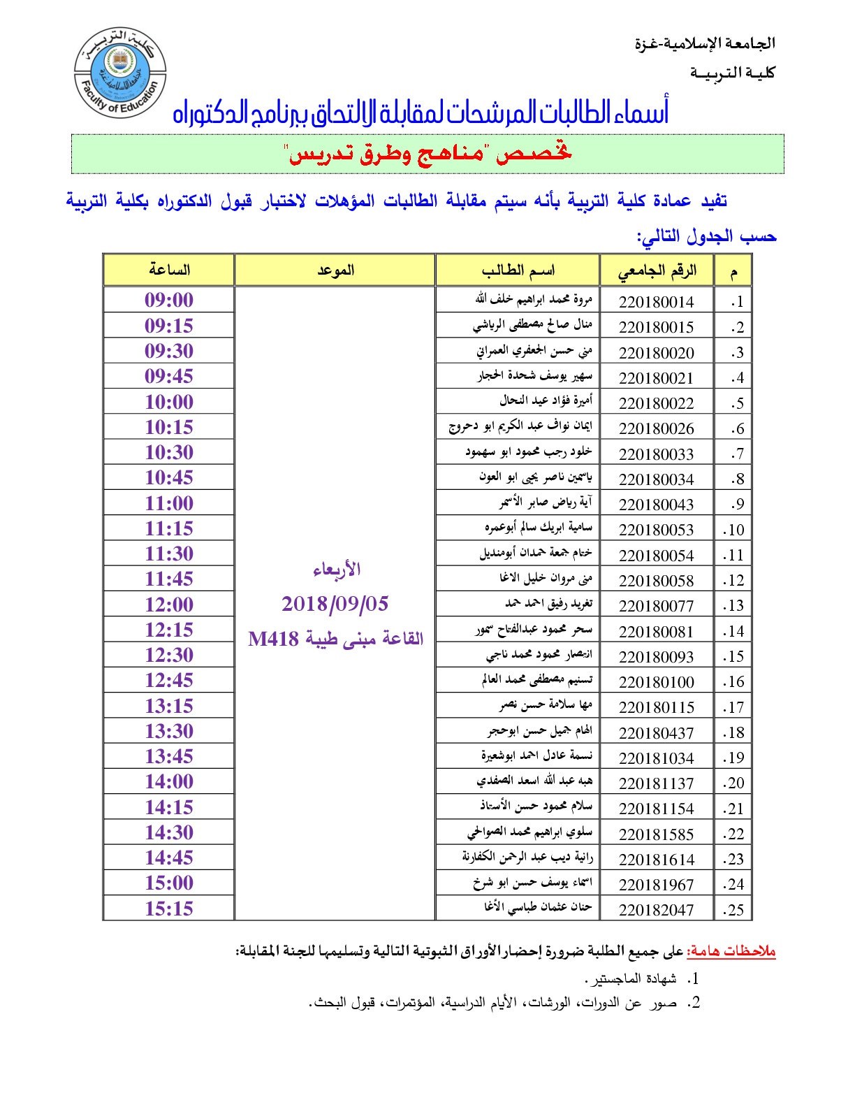 أسماء الطالبات المرشحات لمقابلة الالتحاق ببرنامج الدكوراه