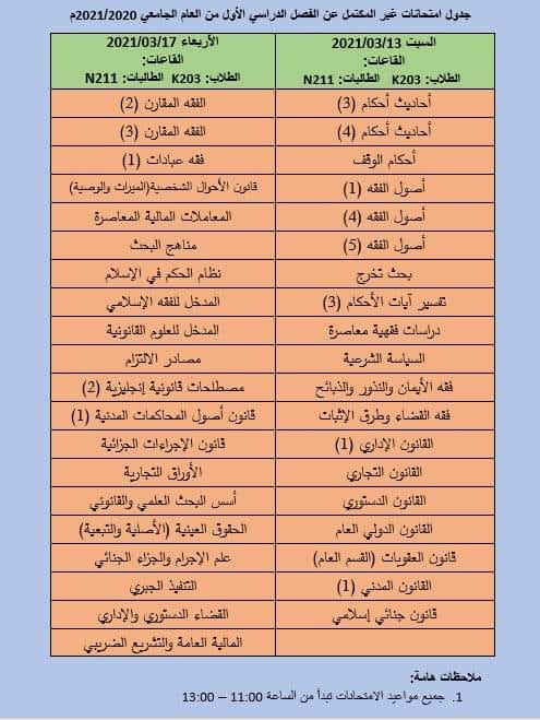 برنامج مساقات غير مكتمل للفصل الدراسي الأول للعام الدراسي 2020
