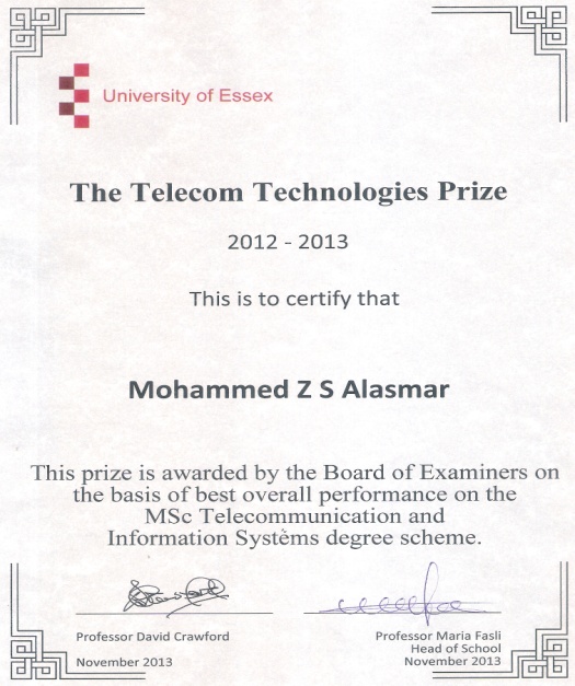 IUG Graduate Wins “Telecom Technologies Prize” at Essex